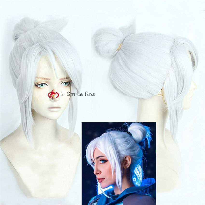 Jett Silvery White With Bun Cosplay Wig Game  Jett Short Hair Cosplay 40cm Wig Viper + Wig Cap
