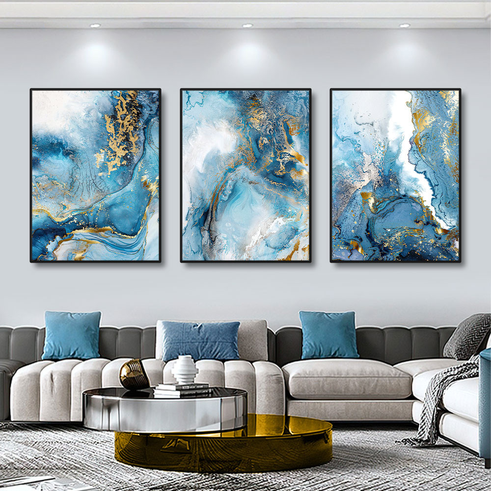 

3pcs Luxury Marble Texture Canvas Prints Blue And Gold. Natural Stone Color Material Pattern. Creative Art Paintings Home Decor