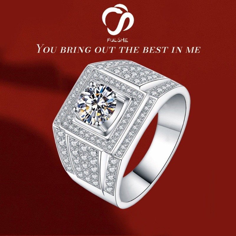 FULSHE Cincin Pria Berlian 1 Karat Pita Lebar Lapisan Platinum Berlian Penuh Anti-Kotor Cincin Pria 