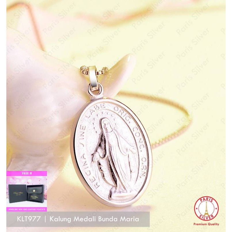 Kalung Liontin Medali Bunda Maria Perak Asli Silver 925 Lapis Emas Putih Salib Rosario