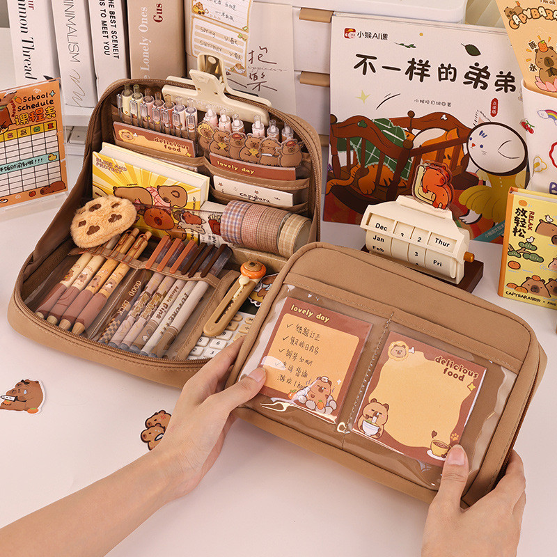 

(25pcs freebies)Large Capacity Kawaii Capybara Multi Layered Stationery Bag Cartoon Cute Pencil Case Simple Cosmetic Bag School Office Supplies