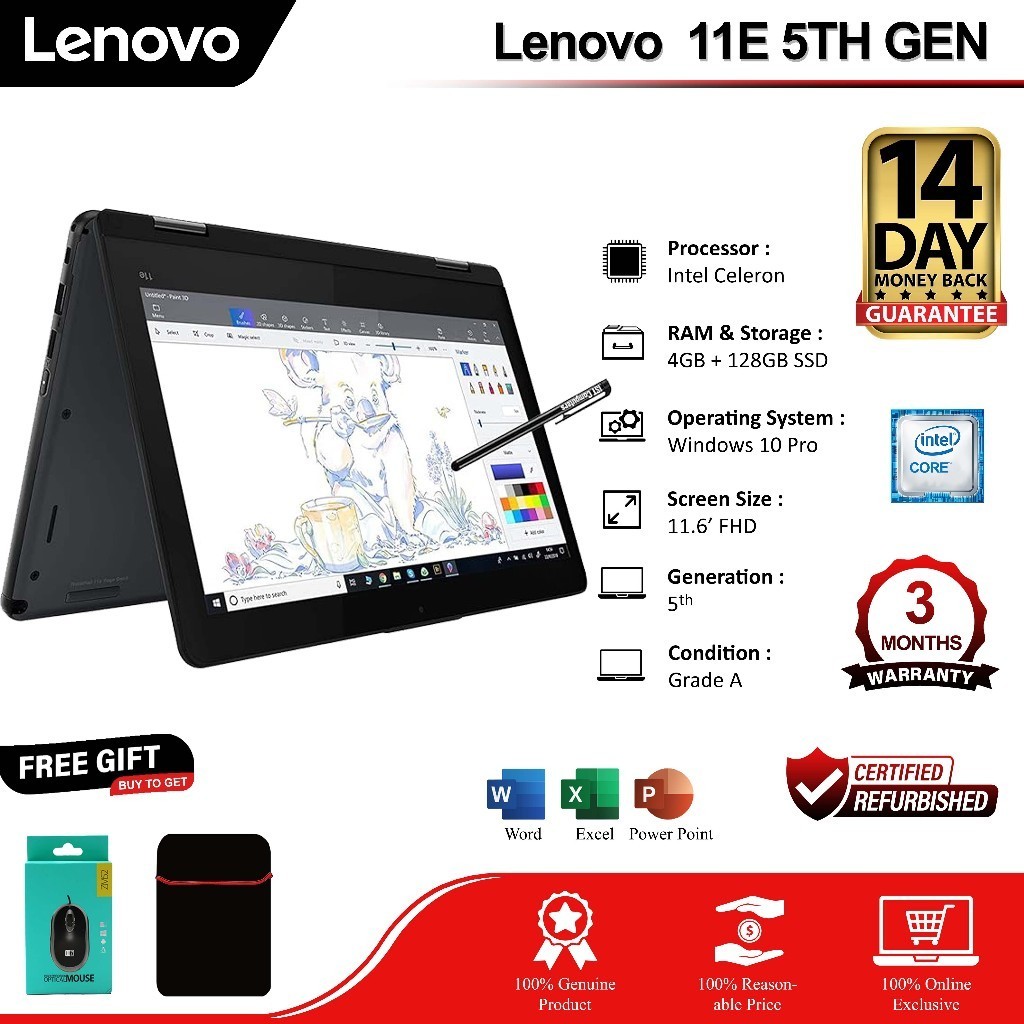 Lenovo Yoga 11e 2-in-1 Convertible Laptop 11.6in Touchscreen Intel Quad Core Processor up to 3.1Ghz 
