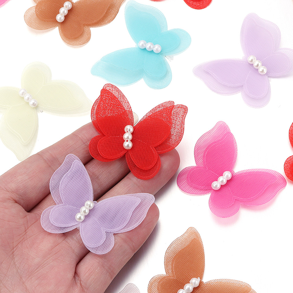 

10pcs Organza Fabric Butterfly Appliques 3D 4.3x3.7CM Mesh Pearl Butterfly Dreamy Translucent DIY Sewing Craft Decoration