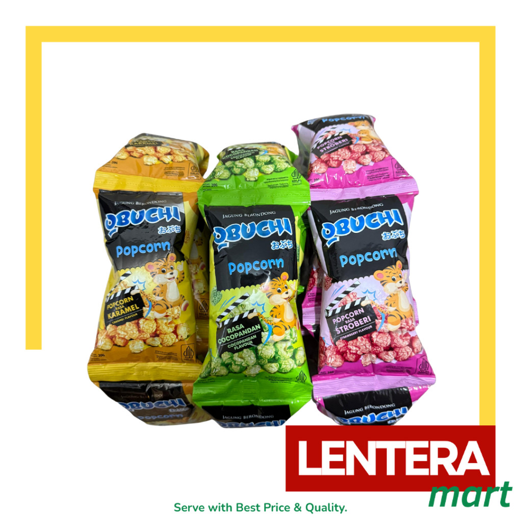 

Obuchi Popcorn Rasa Cocopandan/Caramel/Stroberi/Keju/Cokelat 1 Renceng isi 10 pcs 20gr