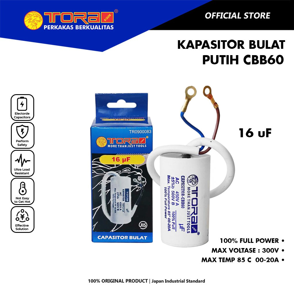 TORA Kapasitor 16 uF CBB60 Bulat Putih - Capasitor CBB60 Run 450V AC