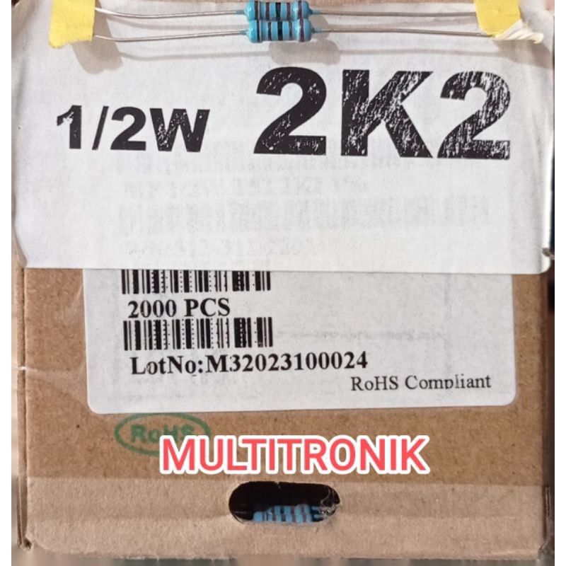 RESISTOR 2K2 1/2WATT 1%  RESISTOR 0.5WATT 2K2 METAL FILM TAIWAN
