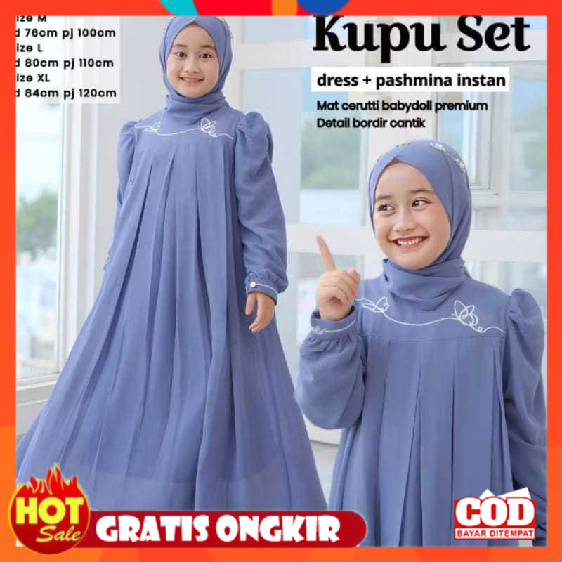 [PREMIUM ORIGINAL] Kupu Set Gamis Muslim Anak USia 5-14 tahun Bahan Ceruti mewah Baju Dress Kondanga