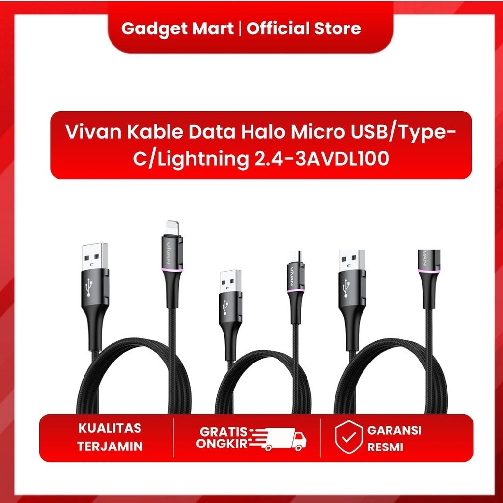 Vivan Kable Data Halo Lightning 2.4-3A Quick Charge LED 100CM VDL100