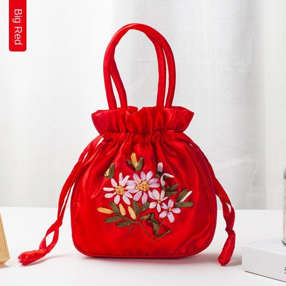 

Small Women Handmade Embroidery Bucket Bag With Handle Ladies Handbag National Style Purse Embroidered Flower Drawstring Bag