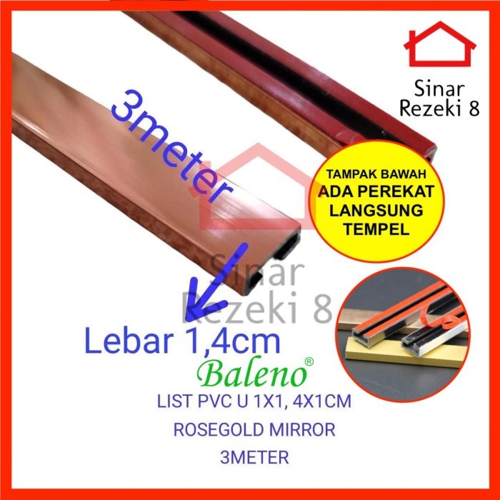List PVC U 10 x 14 x 10 mm Rose Gold Mirror Baleno / Emas Kilap Plat U Lis T Edging Penutup Celah