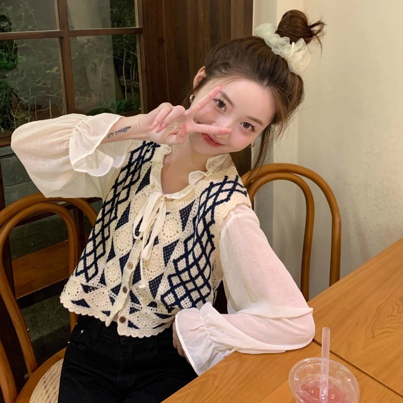 ABELZ.ID yikoo-Fashion set kemeja + rompi rajut atasan korea wanita