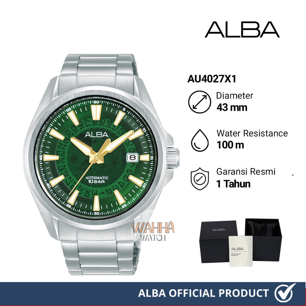 Jam Tangan Pria Alba Automatic AU4027X1 Green See-Through Dial Watch Stainless Steel