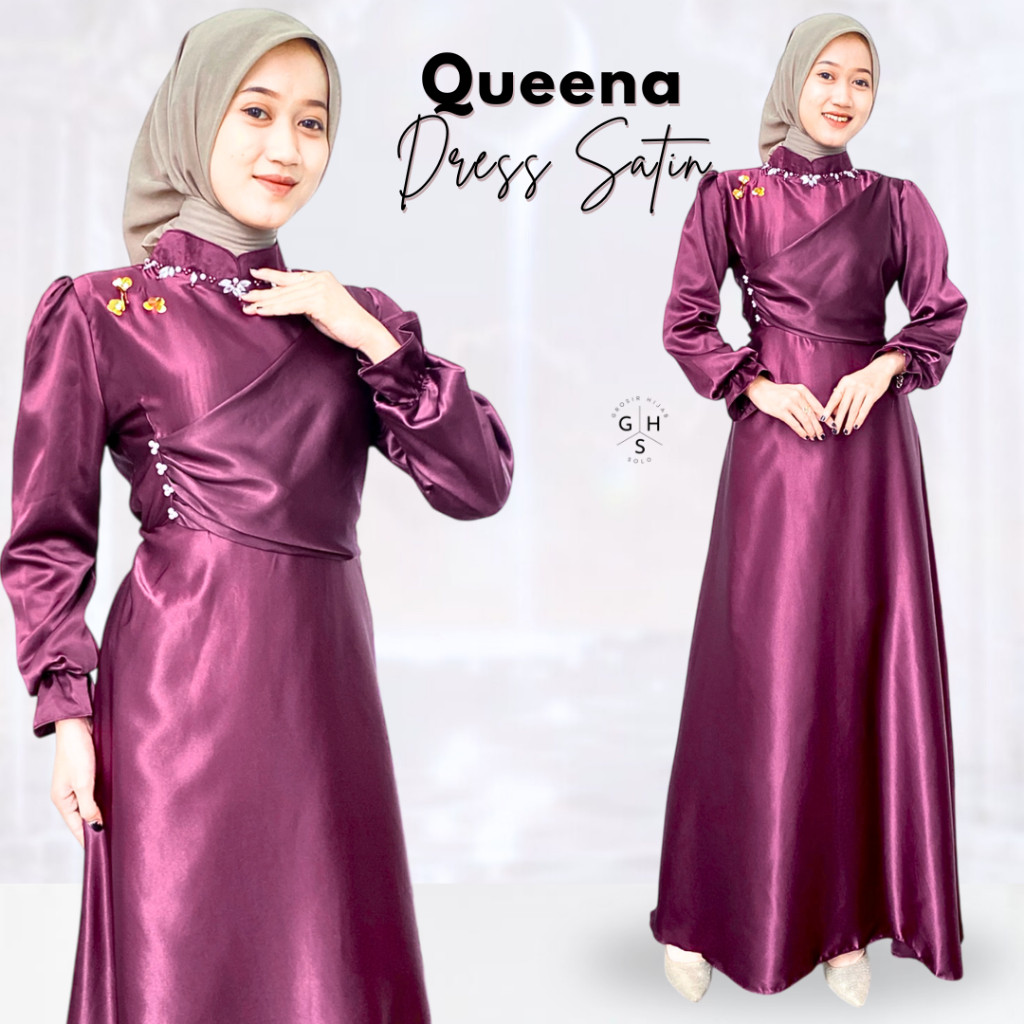 Queena Gaun Kondangan Eksklusif Bahan Satin Premium Dress Pesta Bridesmaid Mewah Rok Mayung Payet El