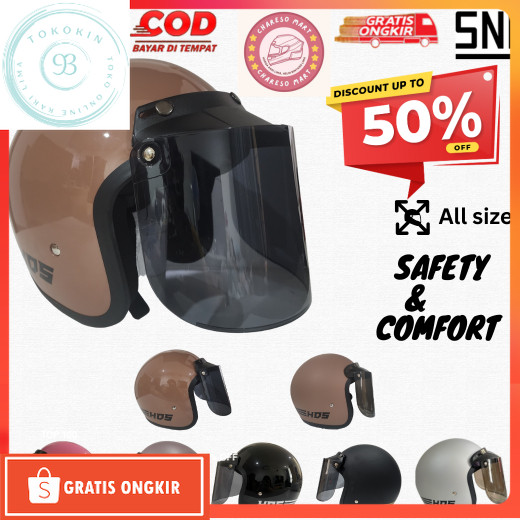Helm Termurah / Helm Bogo Dewasa Polos Classic HDS HELMET Kaca Datar Cembung Hitam Bening Untuk Cowo