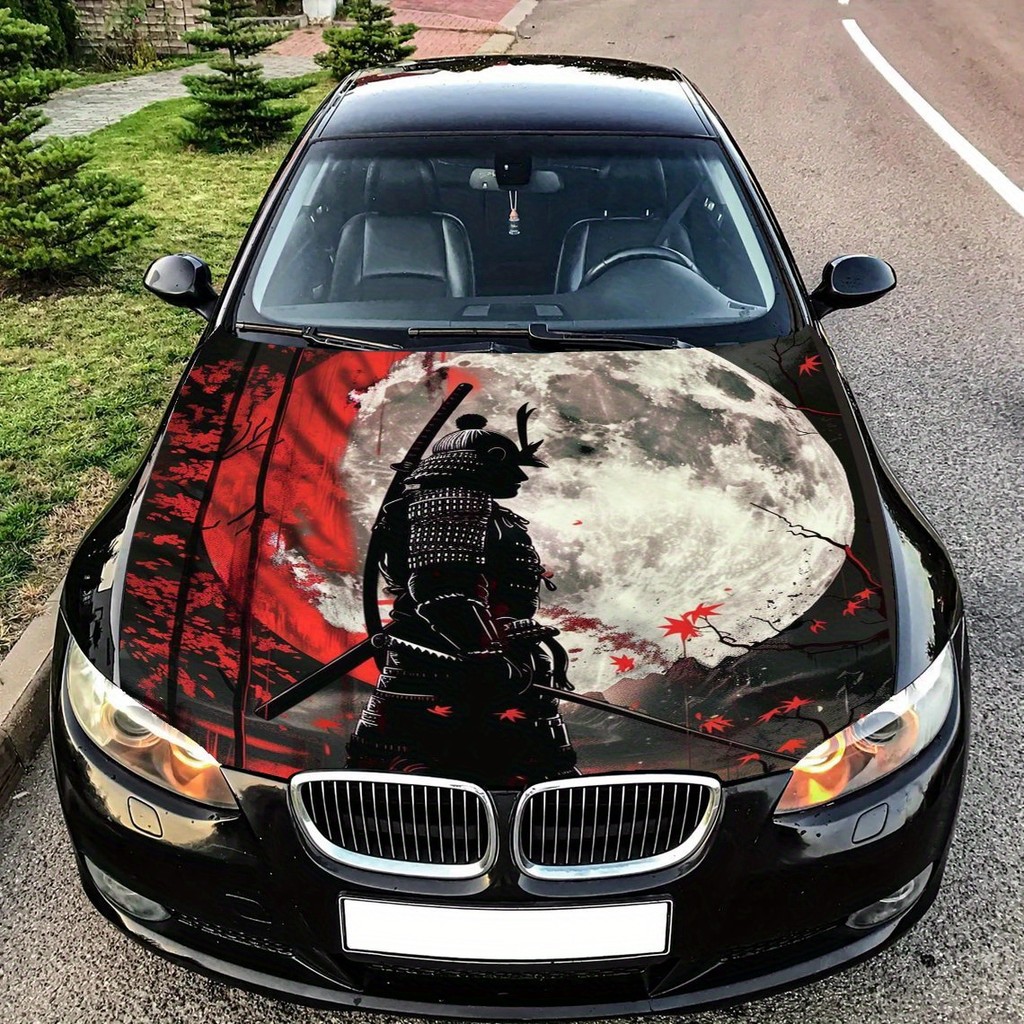 Stiker Dekal Kap Mobil Samurai Misterius & Pohon Maple - Film Pelindung Vinyl Tahan Lama untuk Sebag