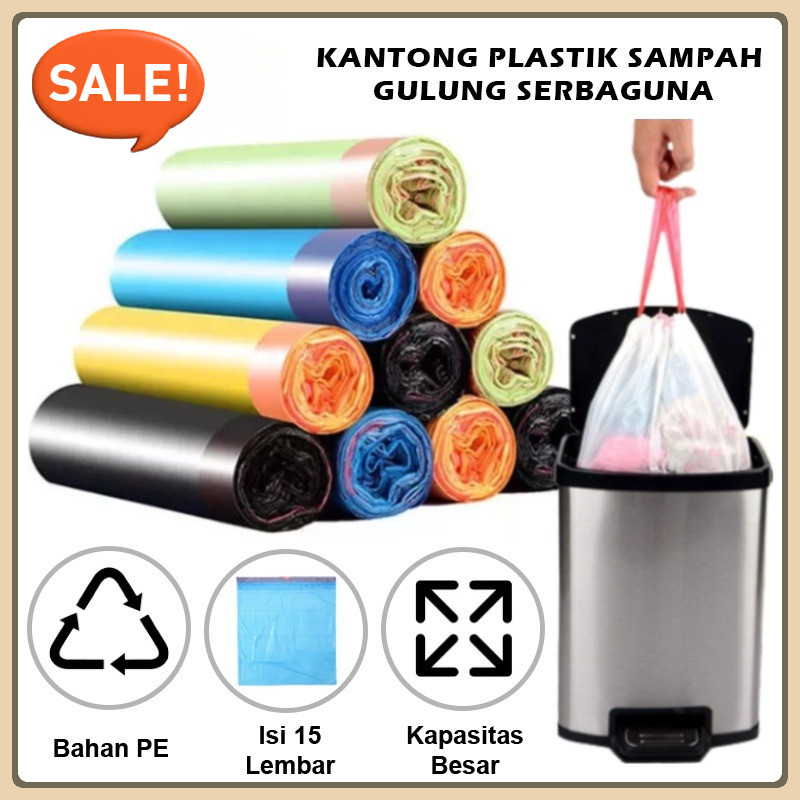 (CANTIKKU20.ID)Kantong Plastik Sampah Roll Ukuran 45x50Cm Dengan Tali Pengikat Isi 15 Lembar / Tas K