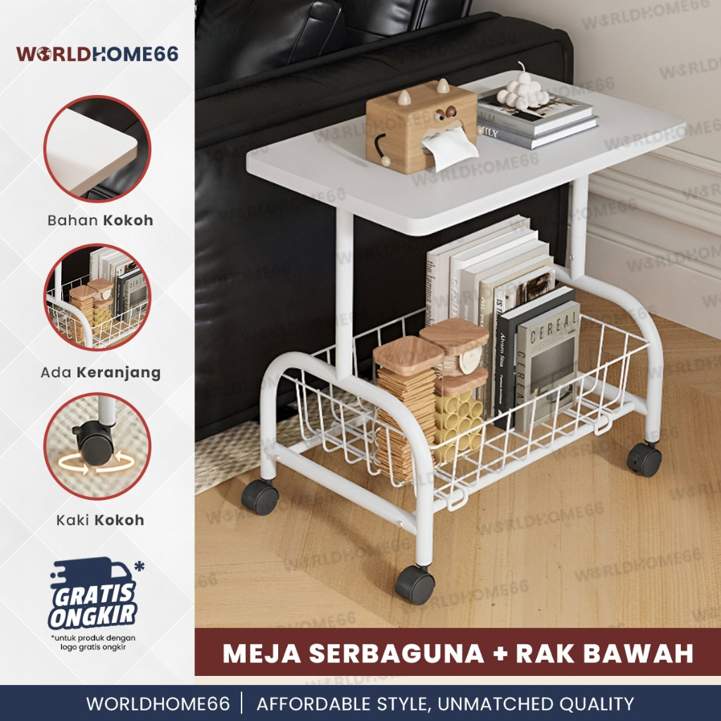Worldhome Meja Serbaguna Minimalis dengan Rak Bawah & Roda Meja Samping Sofa / Meja Belajar Portable