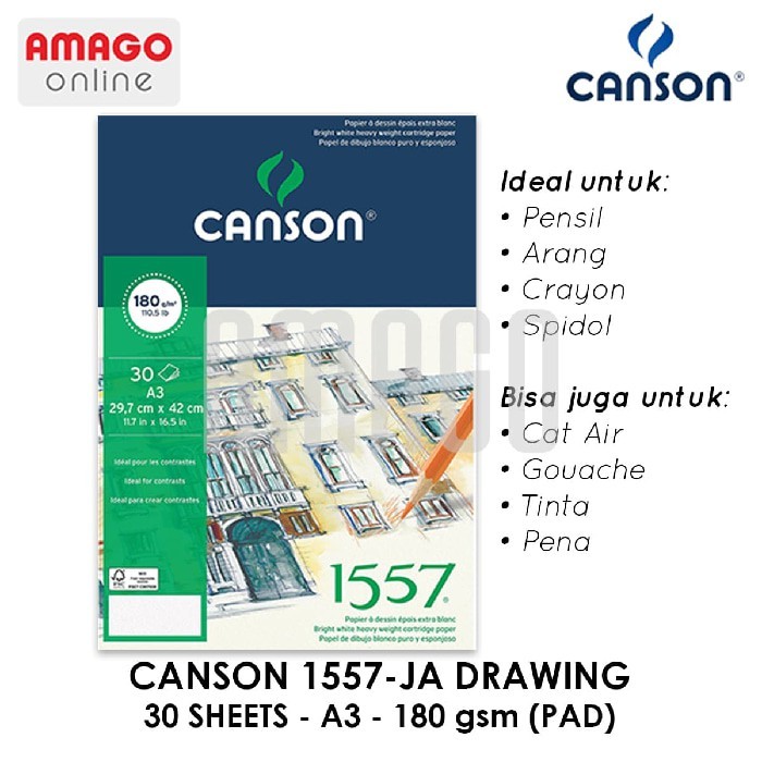 

CANSON 1557-JA Drawing - 30 sheets - A3 (29,7 X 42 Cm) - 180G (Pad) - 204127415