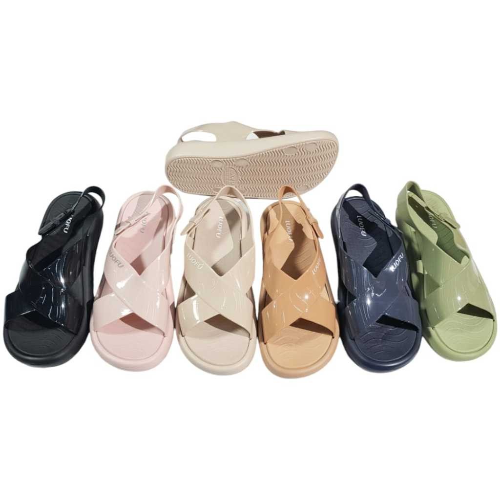 DT Luofu Sandal Selop Karet Wanita Silang Tali Belakang Glossy Import Empuk E7212-SLTL6W (AU7)