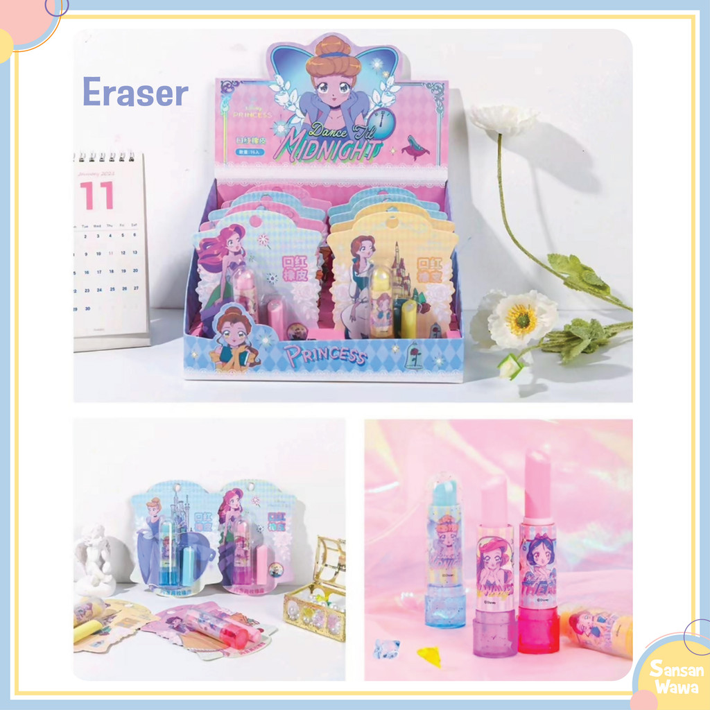 

Penghapus lipstik Lipstick Eraser Princess Cinderella, Belle, Snow White, Ariel dengan cover
