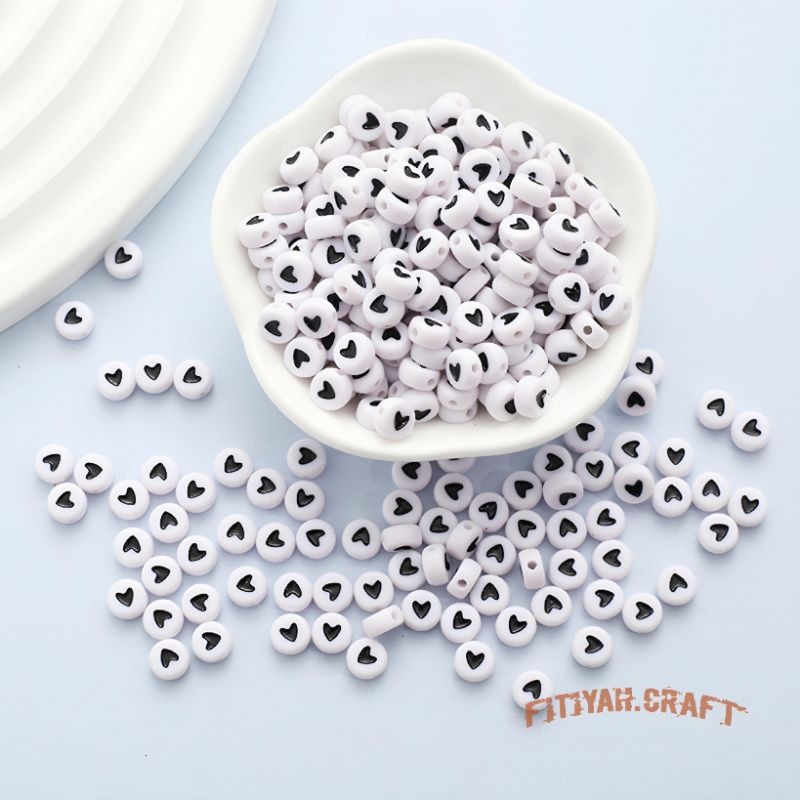 Manik Manik Love 100 Pcs Bulat Pipih Hitam Merah Dasar Putih Mote Manik Bulat pipih