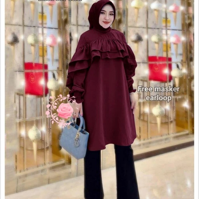 Tunik Fatin maroon atasan baju muslim kekinian long tunic fat gb