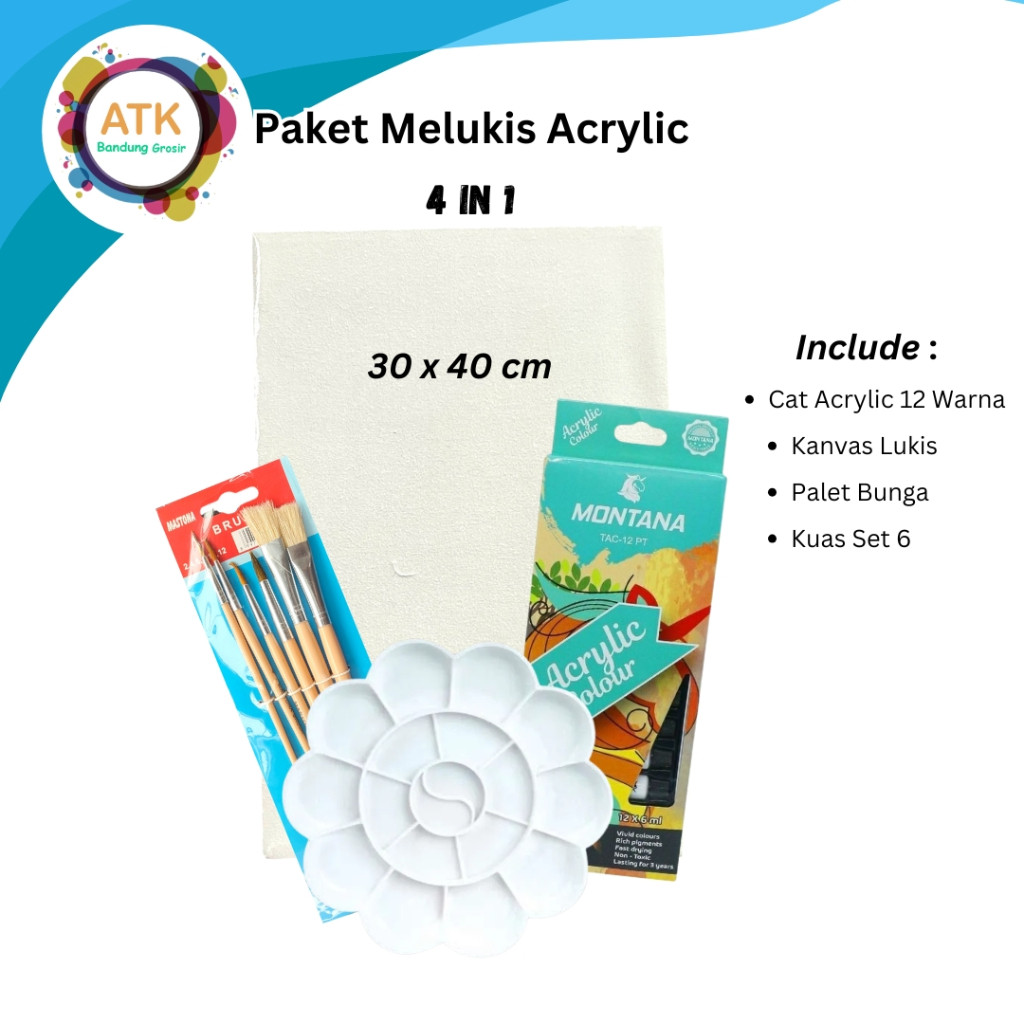 

Paket Melukis Lengkap Set 4 in 1Jumbo Set Kanvas 30x40 Kuas Palet dan Cat Acrylic - Set lukis