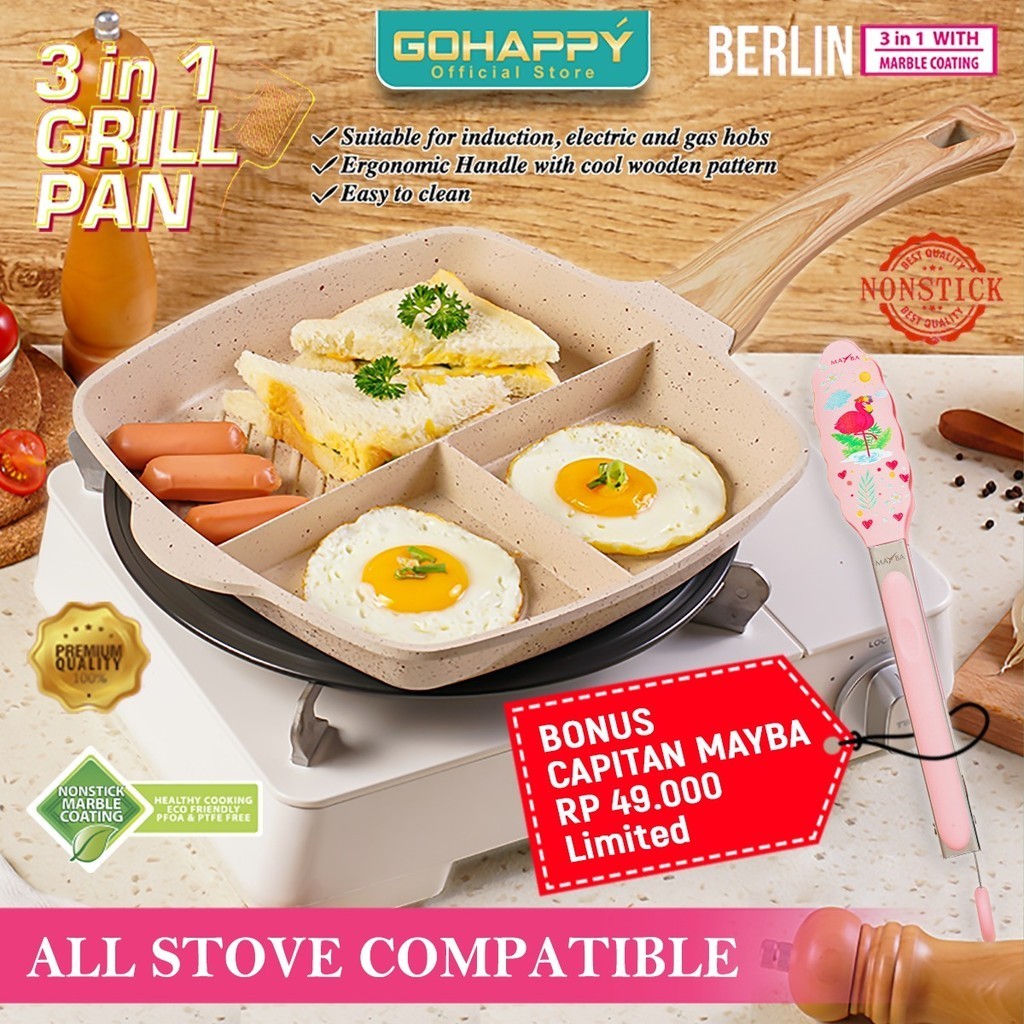 (BONUS CAPITAN 49RB) Gohappy Panci Panggang 3 sekat besar GO HAPPY BERLIN PANCI FRYING 3 SISI MULTI 
