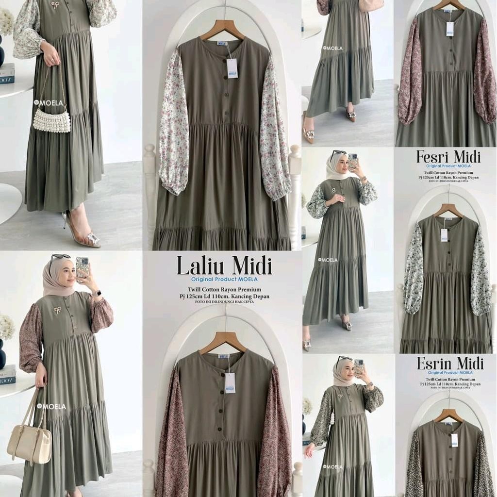 DRESS MIDI KOMBINASI CASUAL WANITA MUSLIM SPESIAL WARNA FOREST BAHAN TWILL KATUN RAYON PREMIUM ORI B