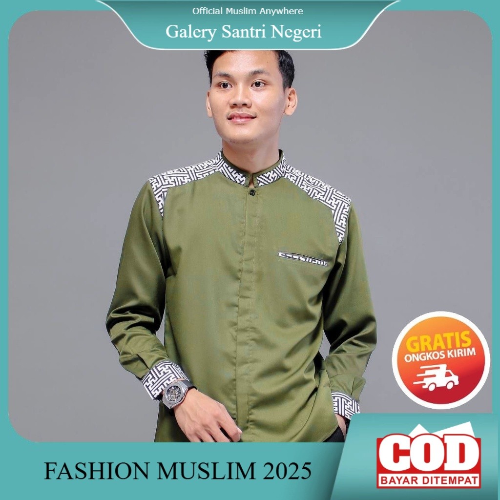 NEW Baju Koko Pria Lengan Panjang Motif Araseo Kombinasi Batik Warna Hijau Army