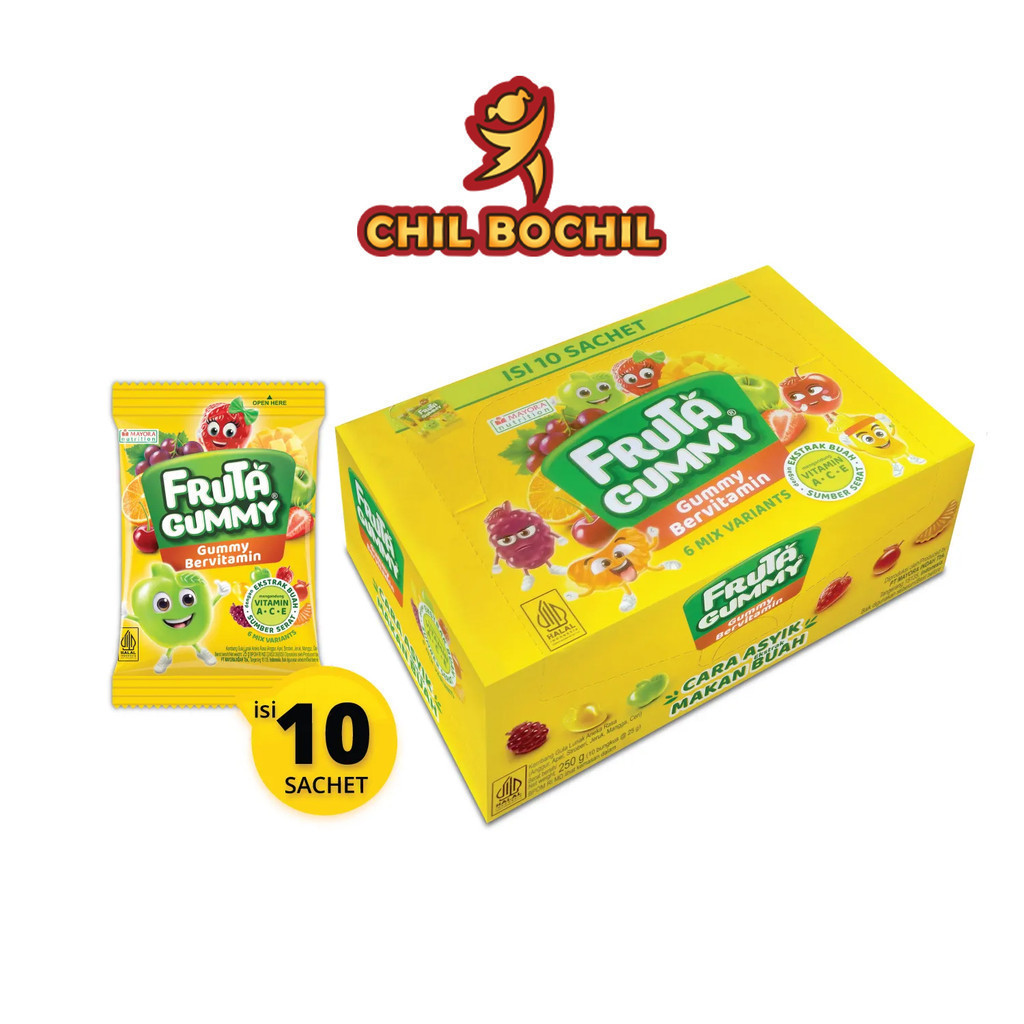 

FRUTA GUMMY PER BOX ISI ( 10 SACHET X 25 GRAM ) - GUMMY BERVITAMIN RASA BUAH PER BOX - CHIL BOCHIL