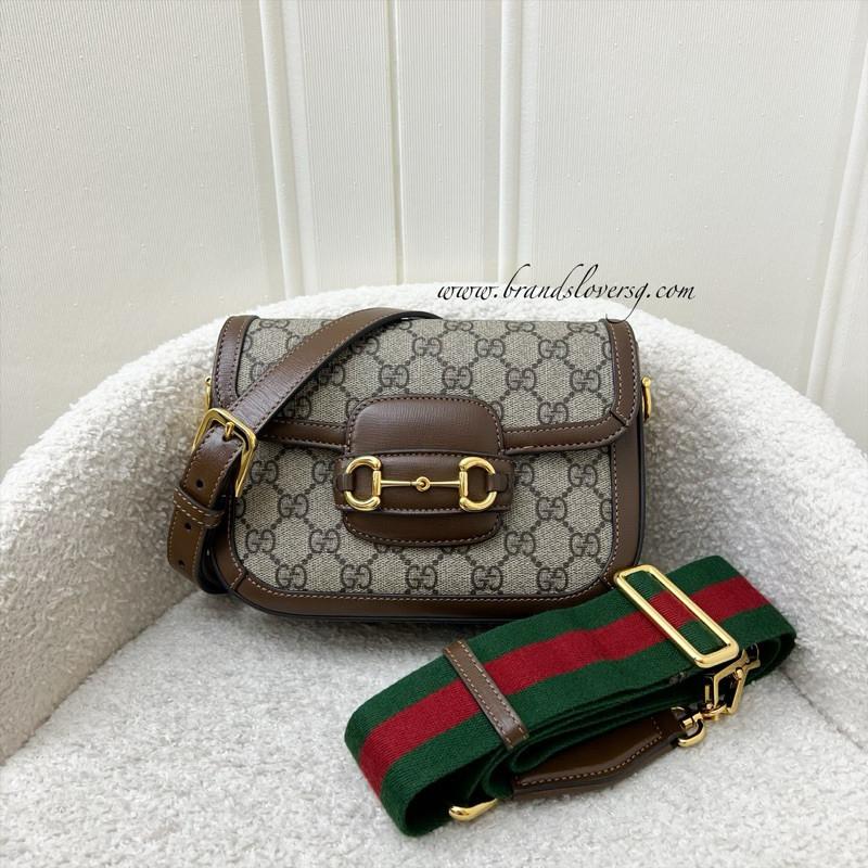(Pre-loved)Gucci Horsebit 1955 Mini Shoulder Bag in GG Canvas and GHW (2 Straps)
