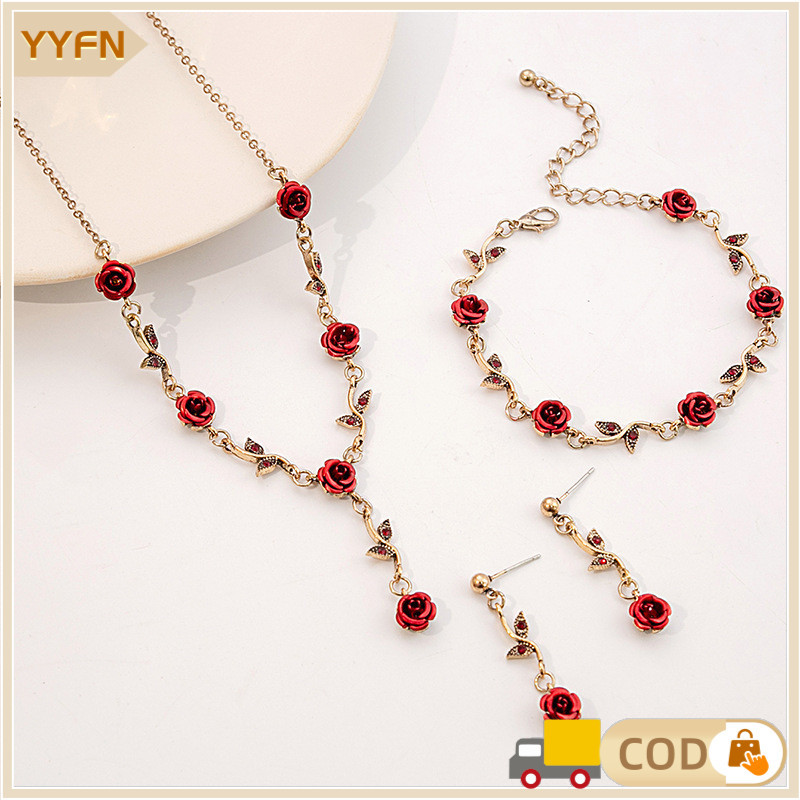 Bunga Mawar Romantis Set Perhiasan Terlaris-Set Perhiasan Titanium Wanita Satu Set Kalung Gelang Ant