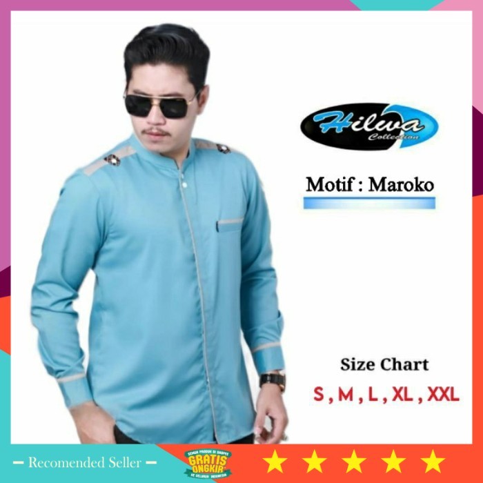 Baju Muslim Lebaran Idul Fitri Murah /Baju Koko Pria Dewasa Lengan Panjang Warna Biru Muda Denim Tos