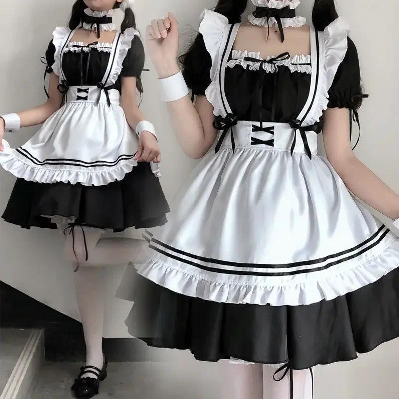 Black Cute Lolita Maid Costumes Girls Women Lovely Maid Cosplay Costume Animation Show Japanese Outf