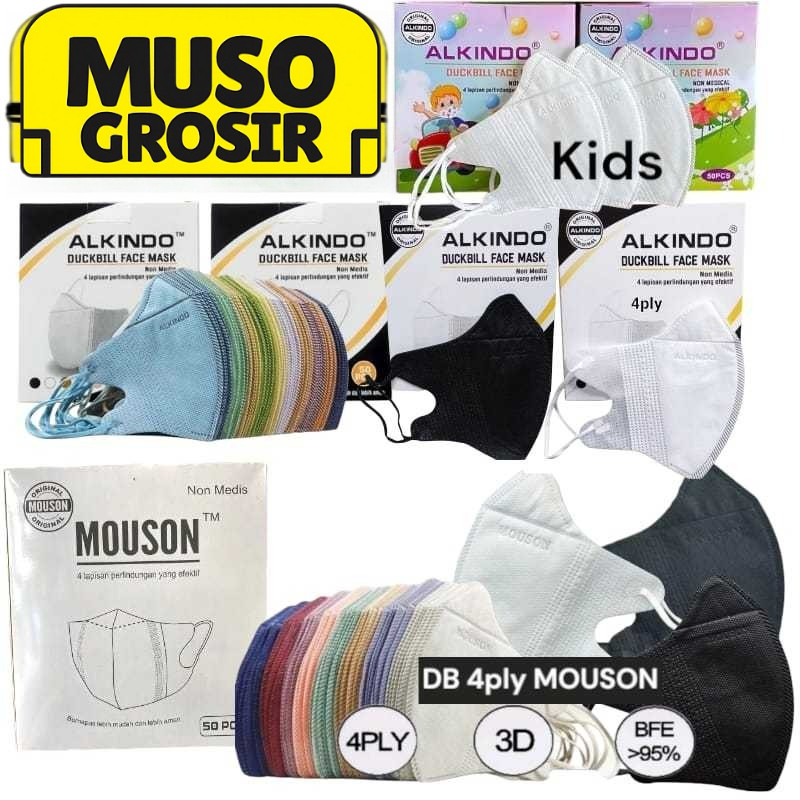 MUSO | MASKER DUCKBILL 4PLY MOUSON ALKINDO DEWASA ANAK GARIS BOX ISI 50PC- MASKER DUCKBILL 4PLY EMBO