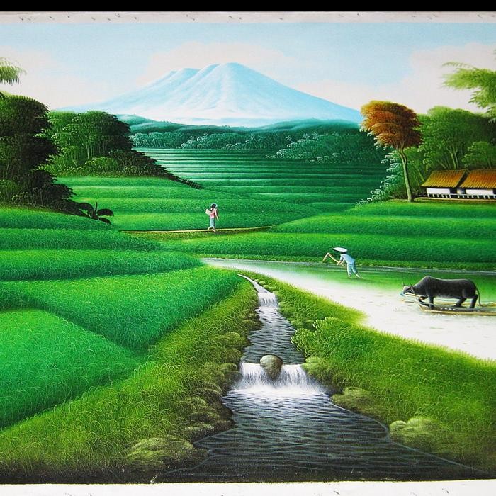 Lukisan Panen Padi Hijau Dengan Kerbau Yang Sedang Membajak Sawah