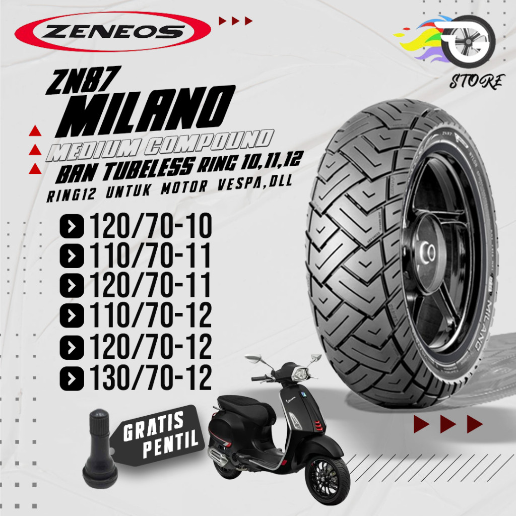 Ban Motor Vespa Matic Piagio Zeneos Milano ZN87 Ring 10 11 12 110/70 120/70 130/70 Tubeless Untuk Mo