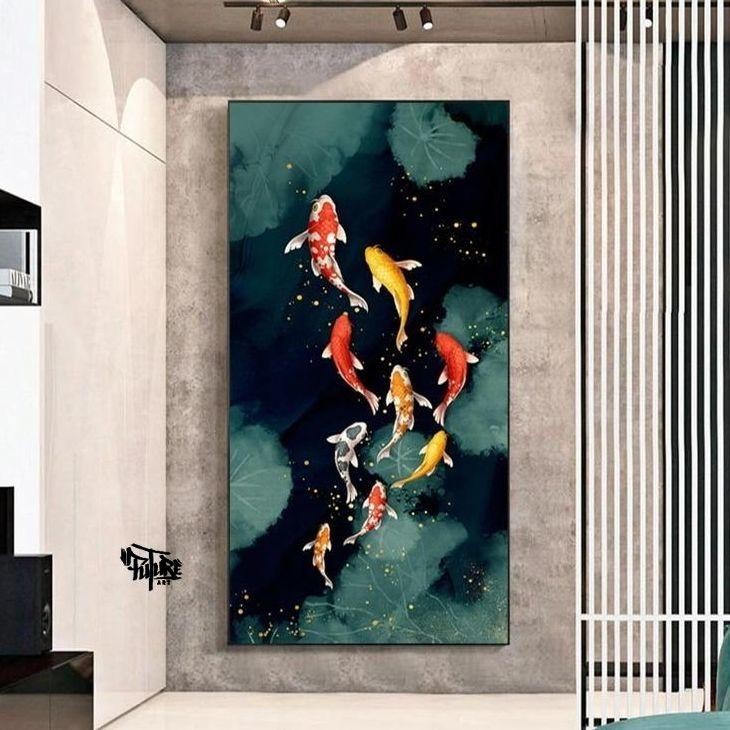 Lukisan ikan koi fengshui 9 plus bingkai hiasan dinding - future art painting