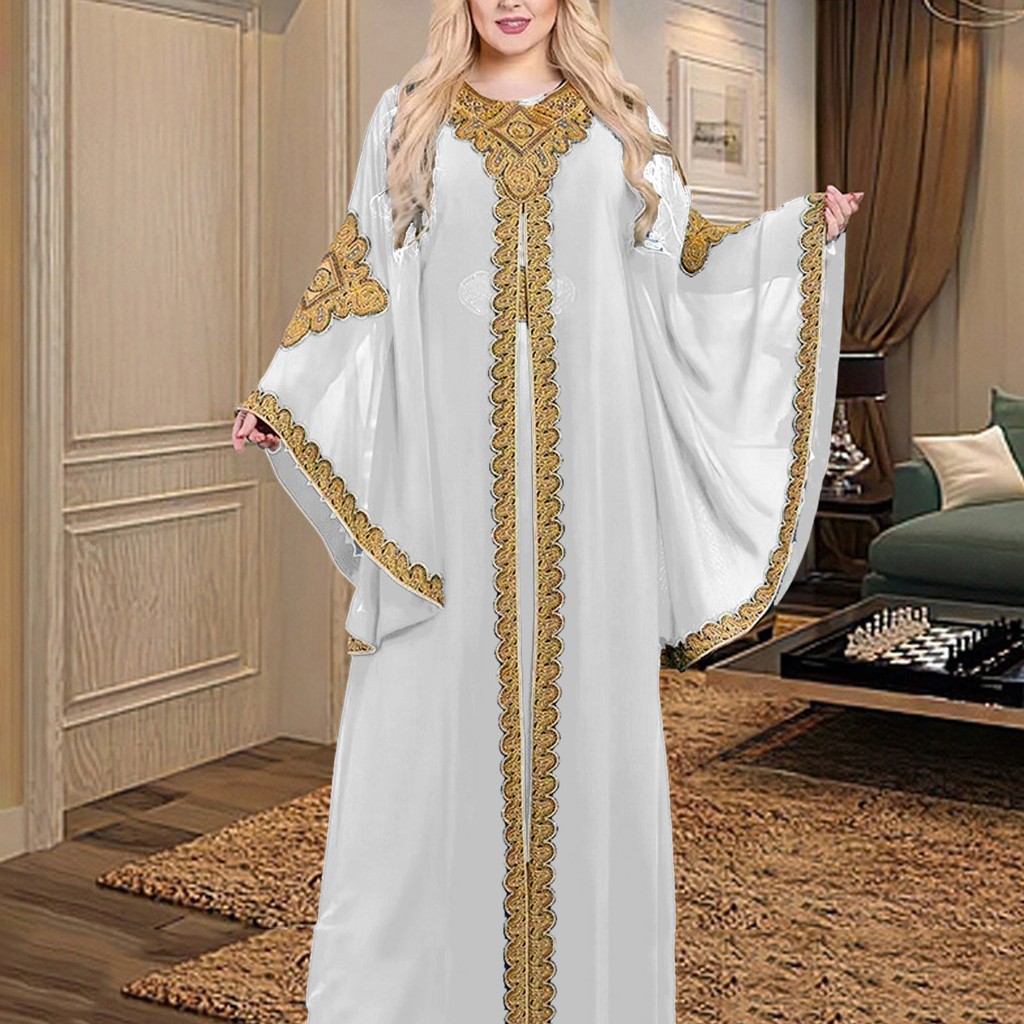 Embroidery Women's Muslim Dress Long Sleeve Ramadan Turkey Dress Vintage Pullover Abaya Prayer Cloth