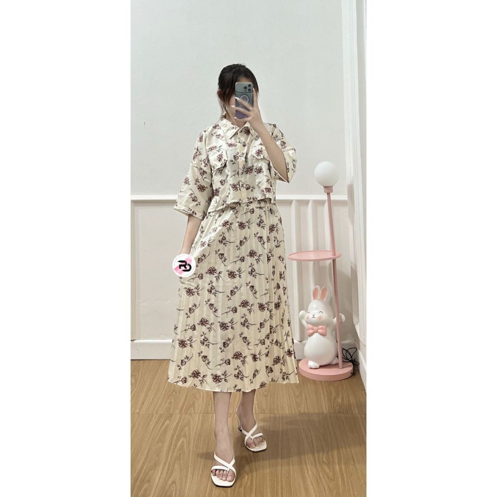 One Set Fuji / One Set Clara Kemeja Crop & Rok Midi Plisket