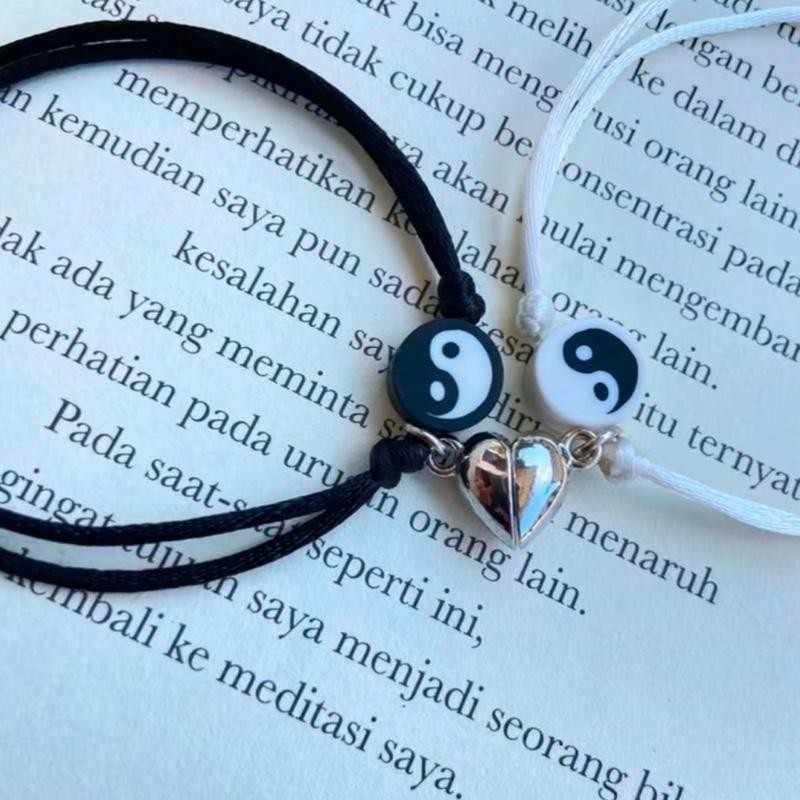 Isi 2 Pcs Gelang Couple Pasangan Yin Yang TALI hitam Putih + Magnet LOVE Model Korea Terbaru TALI 1.