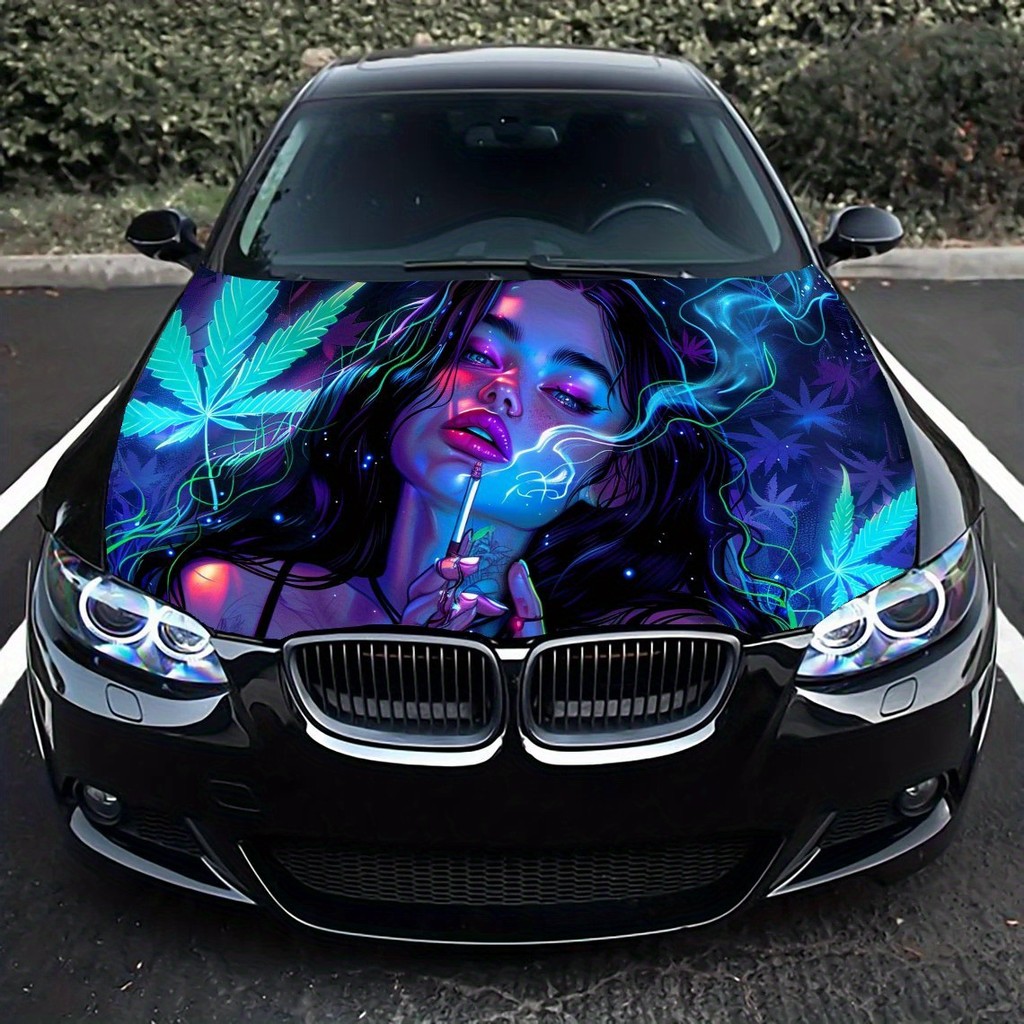 Stiker Kap Mobil Herbal Neon Aura - Pembungkus Vinyl PVC Tahan Lama Desain Daun Biru & Ungu Cerah Me