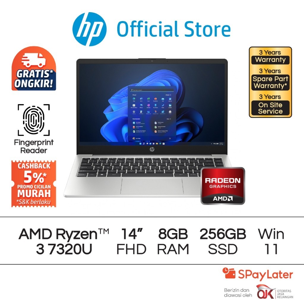 Laptop HP 245 G10 Ryzen 3 7300U Radeon 8GB RAM 256GB SSD Windows 11 14 Inch AMD Garansi 3 Tahun Prom