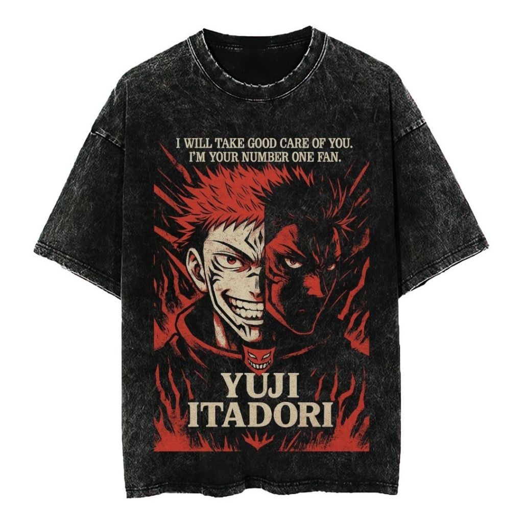 Psycho Crucify "Itadori Yuji" Oversized T-Shirt | Stone Wash | Kaos Yuji Itadori | Anime | Kaos Juju