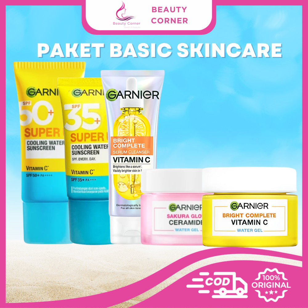 Paket Basic Skincare Garnier Super UV Cooling Watergel Sunscreen With Serum Cleanser - Moisturizer W