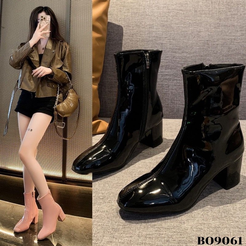 YJH Sepatu Heels Boots Tinggi 6cm Uk 36-40 Black Pink Sandal Fashion Wanita Ala Korea Bahan Glossy B