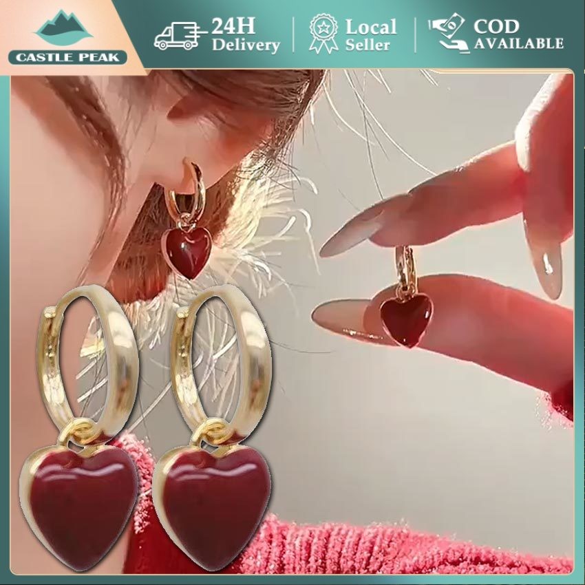 Anting "CADBURY HEART" wine red sweet love earrings Luxury Korean Style Earrings Bentuk Hati
