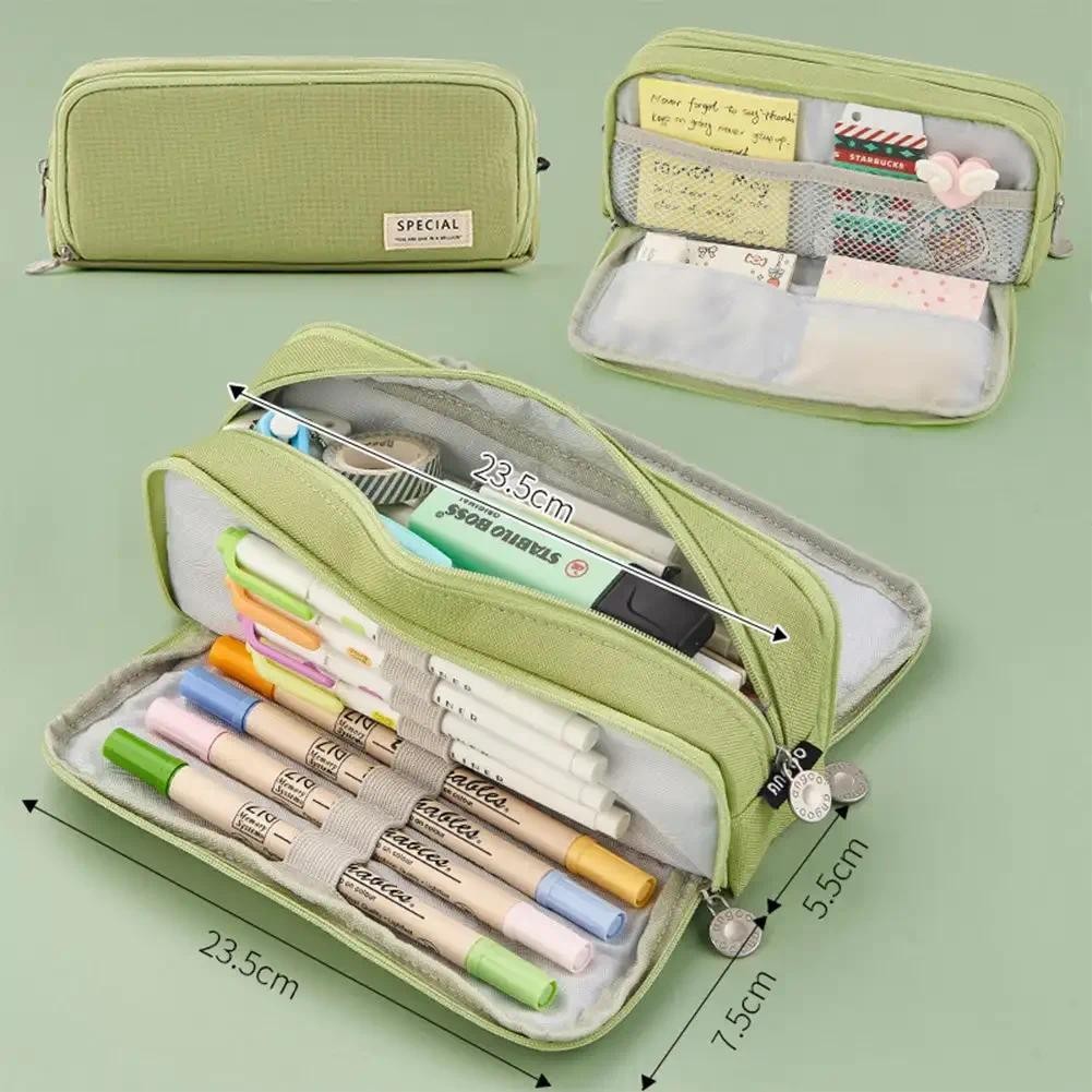 

Large Capacity Pencil Case 3 Compartment Canvas for Students Box Office Student Pen Bag Stationery Back to School Supplies