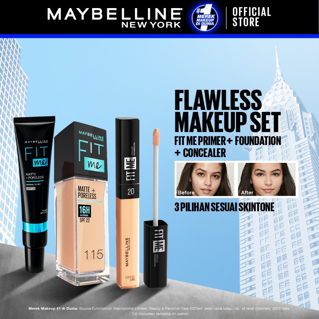 MAYBELLINE  Paket Hemat Face Makeup Fit Me Primer + Liquid Foundation + Concealer